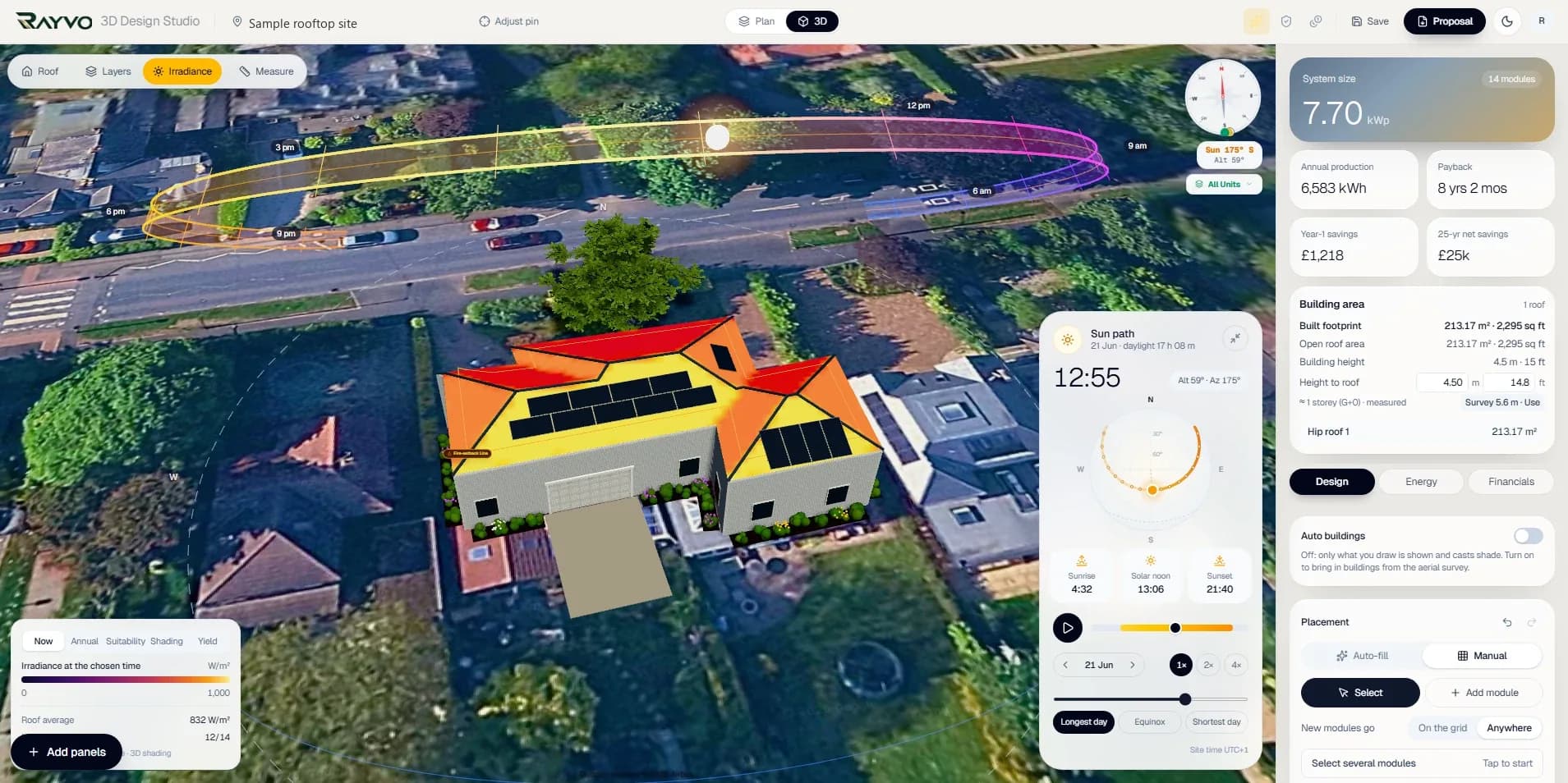 RAYVO 3D solar design studio: a sample house with panels on its hip roof, the sun path over it, a sunlight heat map on the roof and a 7.70 kWp system with its yearly energy and payback